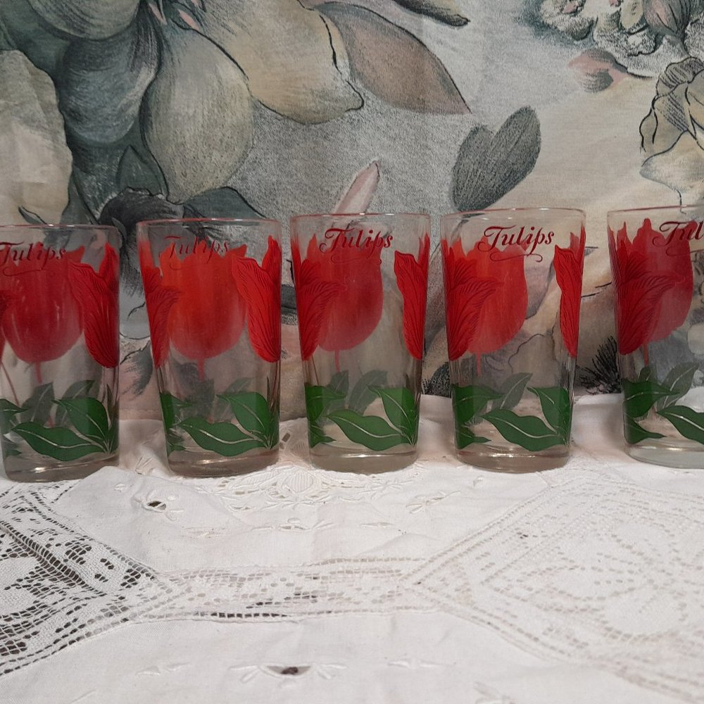 Set Of Five Boscul Red Tulip Peanut Butter Glasses